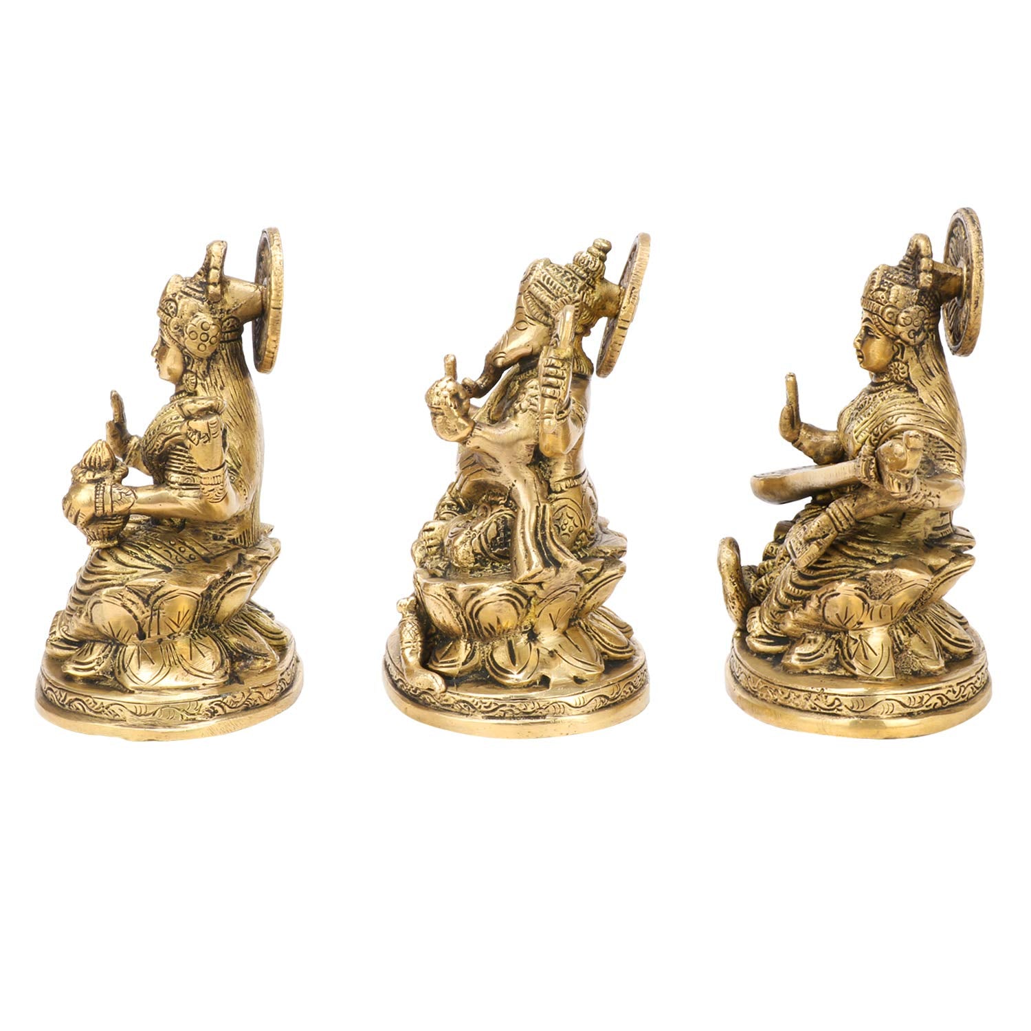 Kartique Brass Laxmi Ganesh Saraswati Bhagwan Idol Sitting On Lotus | Ganpati Murti Metal Statue For Home Office Success Entranc